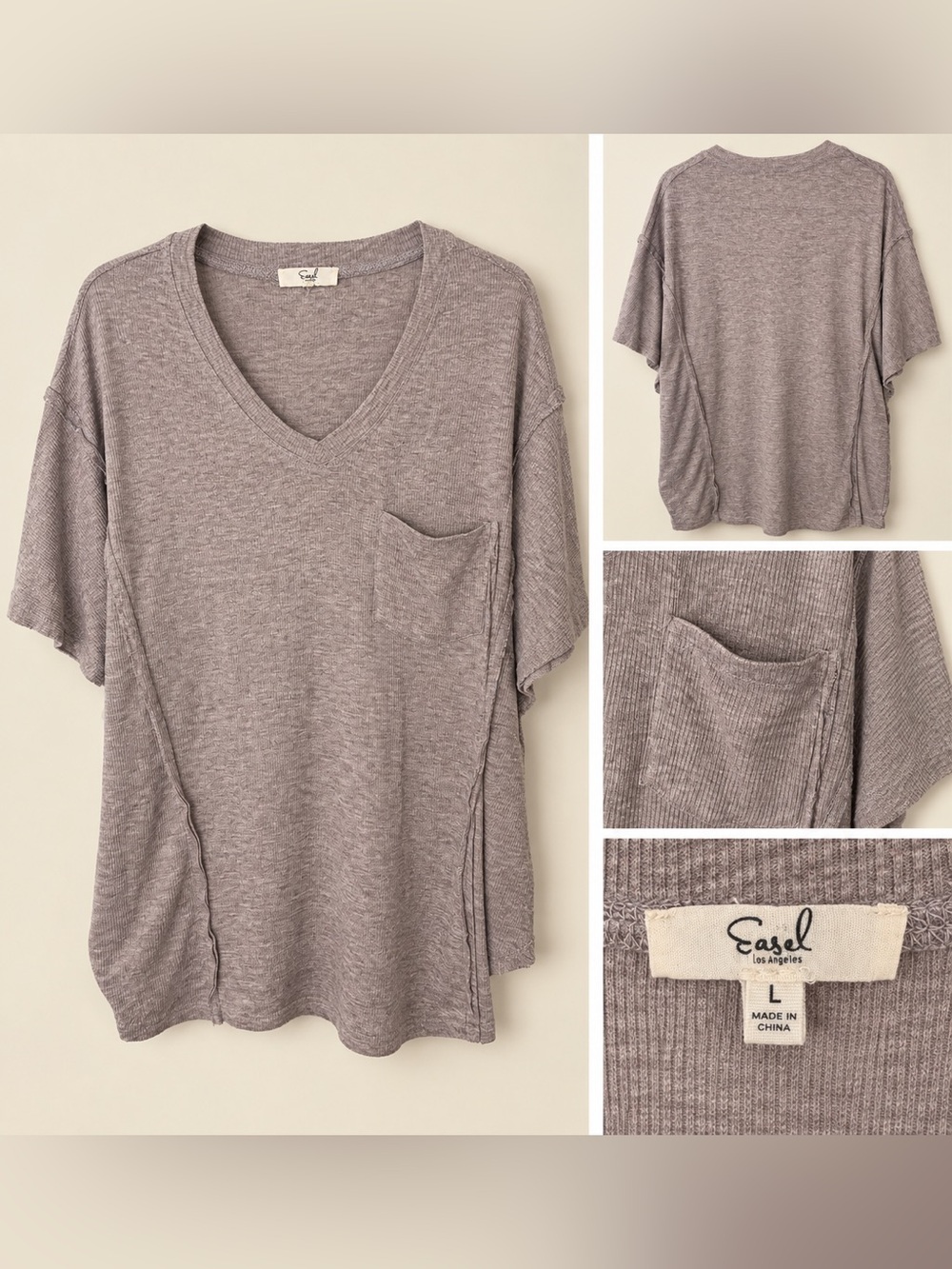 easel Mauve Heathered V-Neck Pocket Tee
